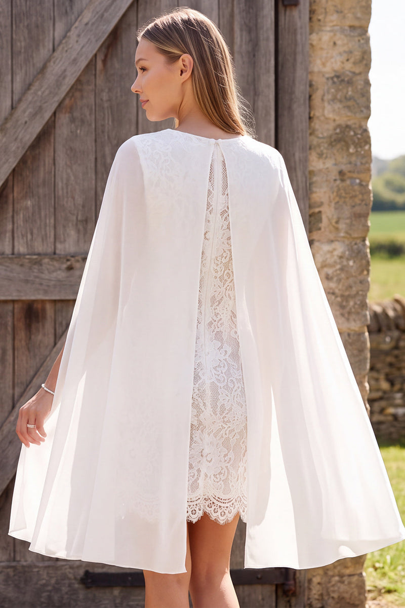 Load image into Gallery viewer, Lace Ivory Floral Round Neck Tight Short Boho Wedding Dress with Cape