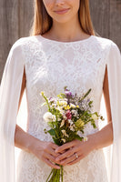 Load image into Gallery viewer, Lace Ivory Floral Round Neck Tight Short Boho Wedding Dress with Cape