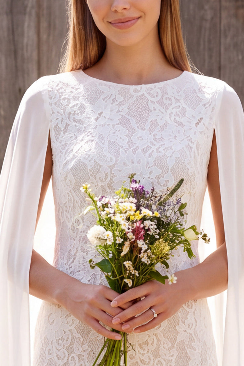 Load image into Gallery viewer, Lace Ivory Floral Round Neck Tight Short Boho Wedding Dress with Cape