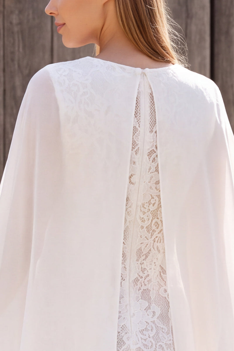 Load image into Gallery viewer, Lace Ivory Floral Round Neck Tight Short Boho Wedding Dress with Cape