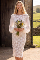 Load image into Gallery viewer, Floral Ivory Lace Bodycon Bateau Neck Midi Boho Wedding Dress with Sleeves