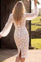 Load image into Gallery viewer, Floral Ivory Lace Bodycon Bateau Neck Midi Boho Wedding Dress with Sleeves