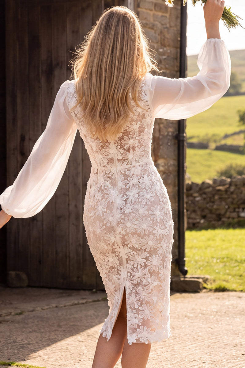 Load image into Gallery viewer, Floral Ivory Lace Bodycon Bateau Neck Midi Boho Wedding Dress with Sleeves