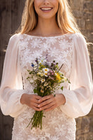 Load image into Gallery viewer, Floral Ivory Lace Bodycon Bateau Neck Midi Boho Wedding Dress with Sleeves