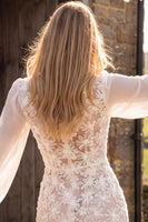 Load image into Gallery viewer, Floral Ivory Lace Bodycon Bateau Neck Midi Boho Wedding Dress with Sleeves