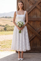 Load image into Gallery viewer, Sparkly Floral Ivory A Line Sequin Corset Midi Wedding Dress