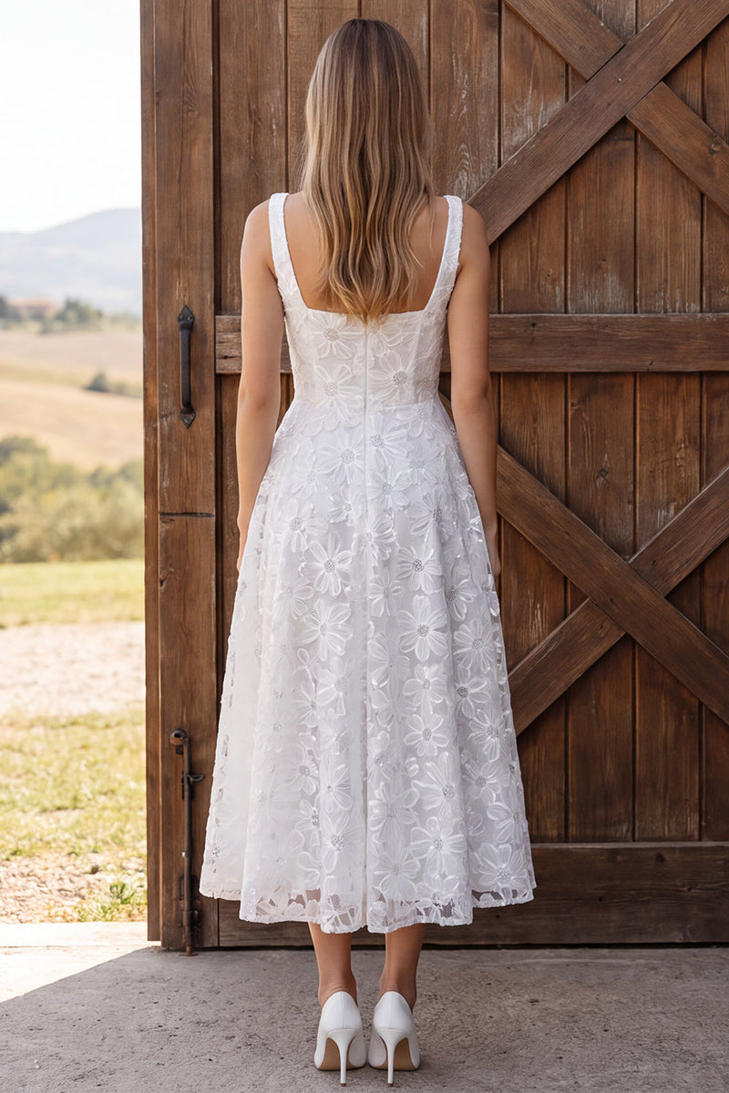 Load image into Gallery viewer, Sparkly Floral Ivory A Line Sequin Corset Midi Wedding Dress