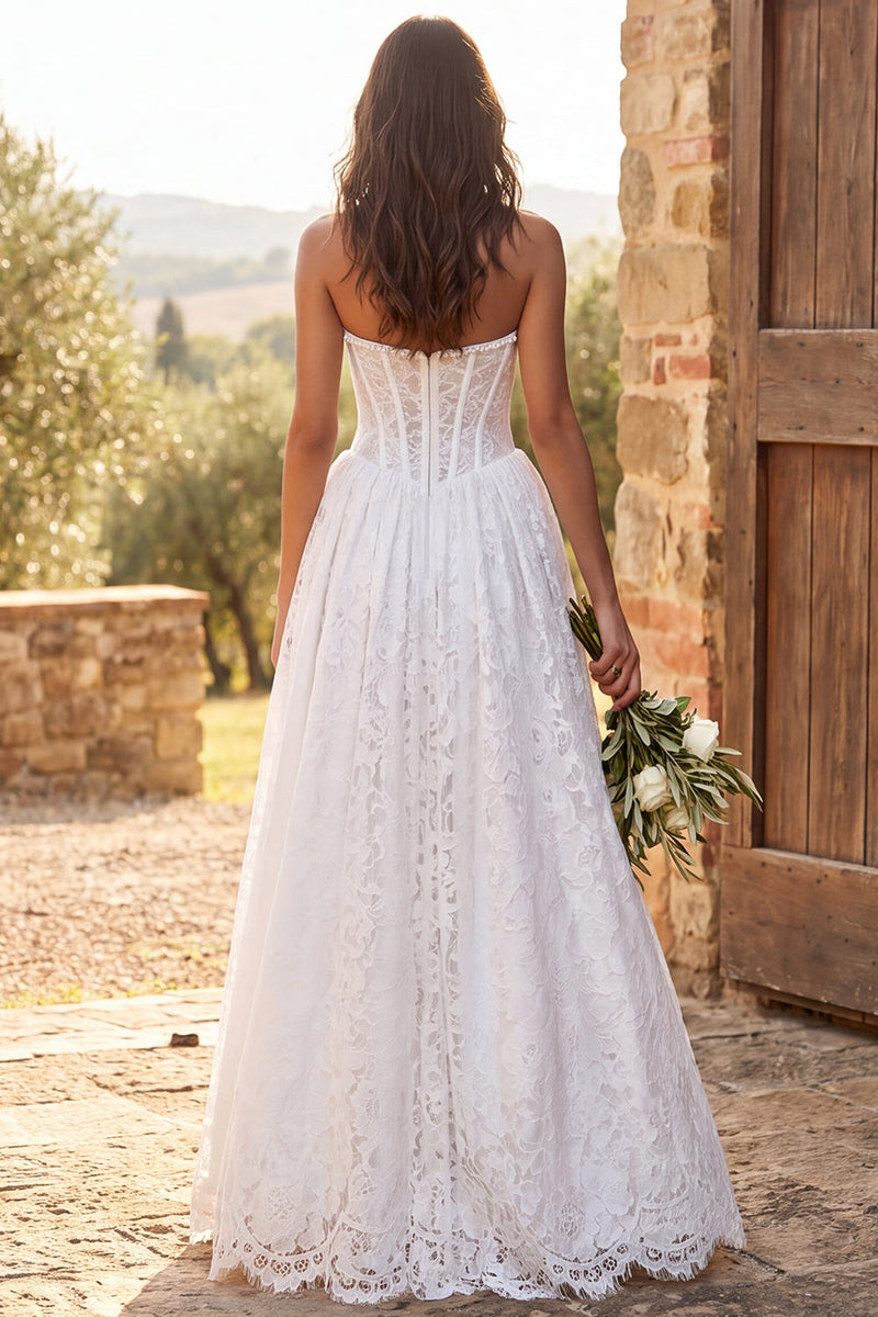 Load image into Gallery viewer, Corset Ivory A Line Lace Sweetheart Long Boho Wedding Dress with Pearls