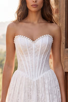 Load image into Gallery viewer, Corset Ivory A Line Lace Sweetheart Long Boho Wedding Dress with Pearls