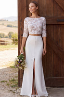 Load image into Gallery viewer, Two Piece Ivory Mermaid Boat Neck Sweep Train Wedding Dress with Slit