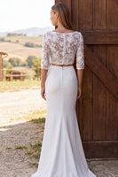 Load image into Gallery viewer, Two Piece Ivory Mermaid Boat Neck Sweep Train Wedding Dress with Slit