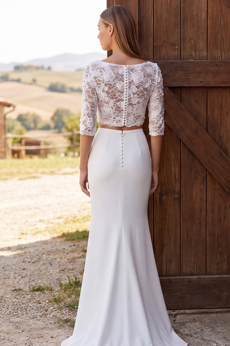 Load image into Gallery viewer, Two Piece Ivory Mermaid Boat Neck Sweep Train Wedding Dress with Slit