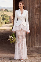 Load image into Gallery viewer, Ivory Mermaid Two Piece V-Neck Lace Sweep Train Boho Blazer Wedding Outfits