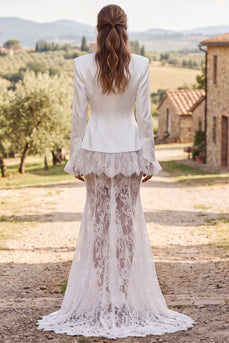 Ivory Mermaid Two Piece V-Neck Lace Sweep Train Boho Blazer Wedding Outfits
