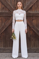 Load image into Gallery viewer, Ivory Lace High Neck Floral Two Piece Long Sleeves Wedding Outfits