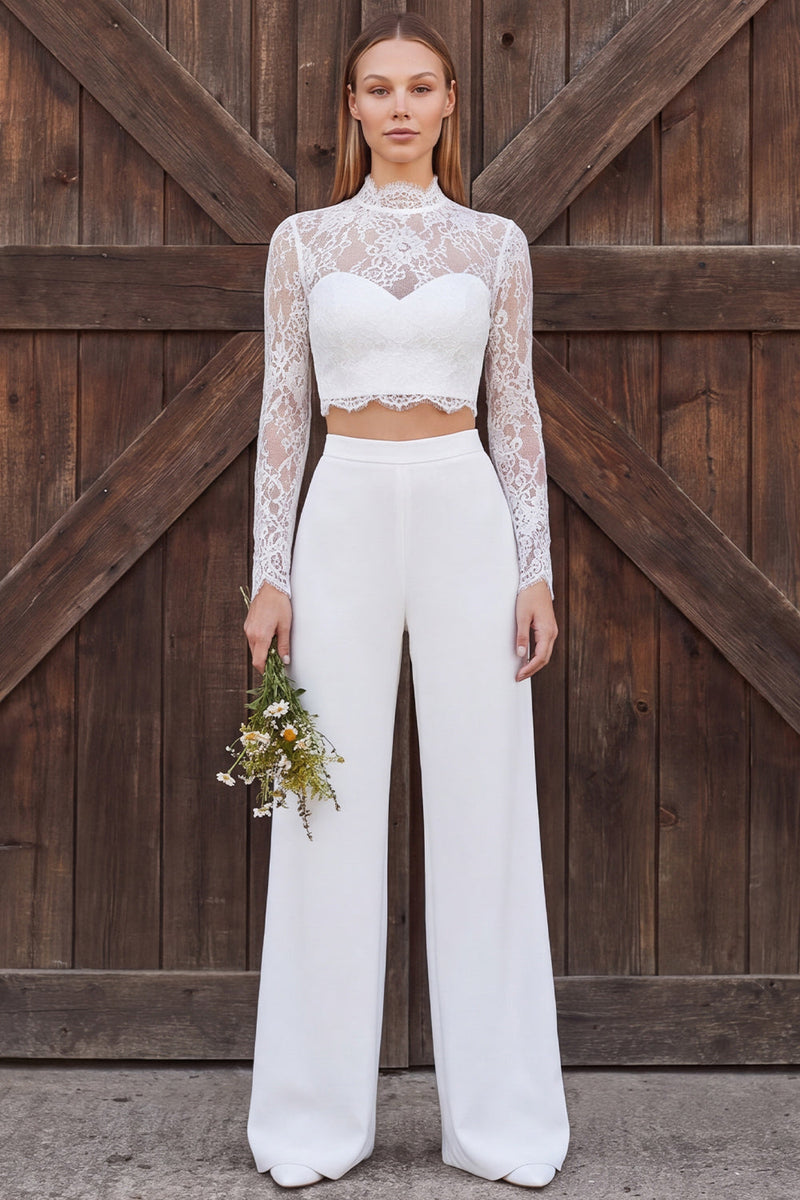 Load image into Gallery viewer, Ivory Lace High Neck Floral Two Piece Long Sleeves Wedding Outfits