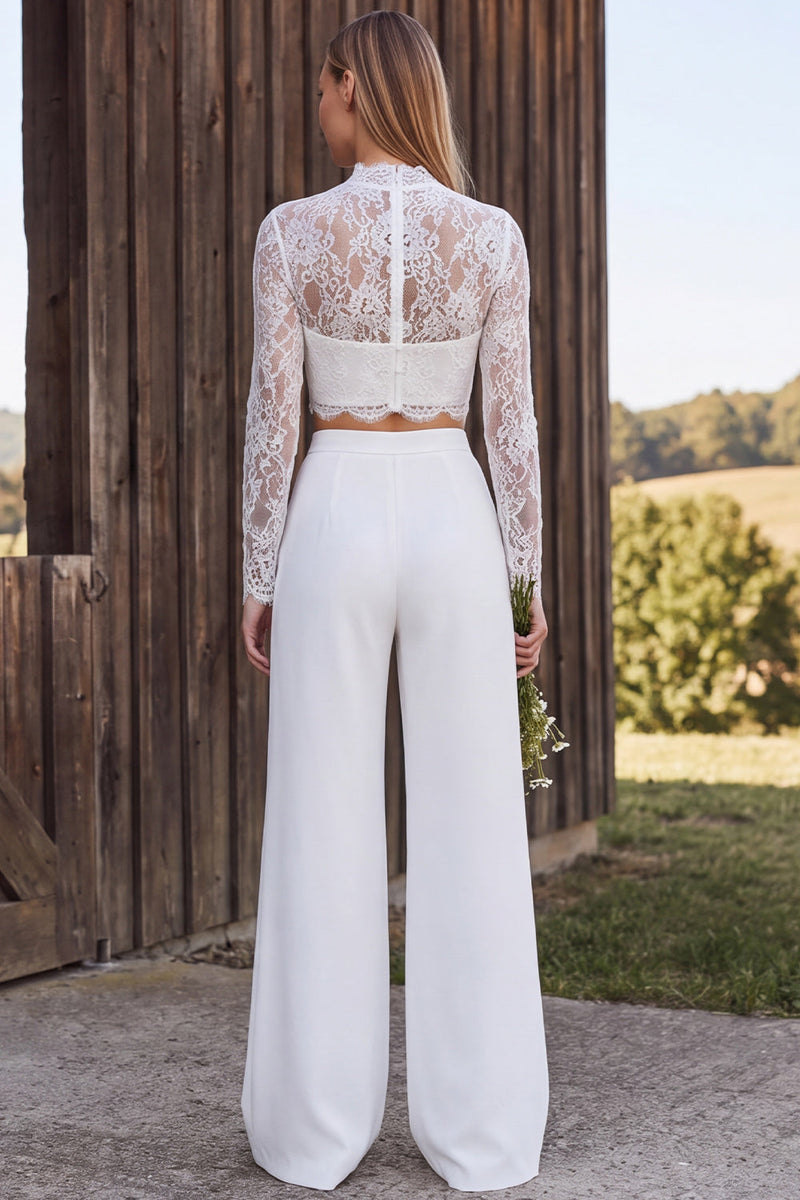 Load image into Gallery viewer, Ivory Lace High Neck Floral Two Piece Long Sleeves Wedding Outfits