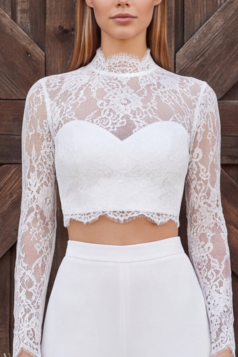 Load image into Gallery viewer, Ivory Lace High Neck Floral Two Piece Long Sleeves Wedding Outfits