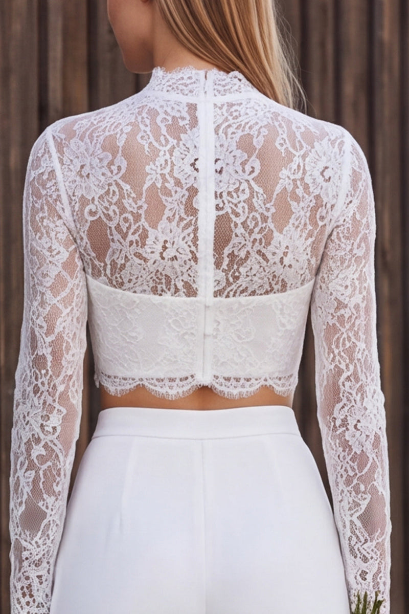Load image into Gallery viewer, Ivory Lace High Neck Floral Two Piece Long Sleeves Wedding Outfits