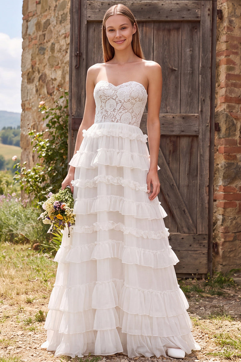 Load image into Gallery viewer, Ivory Tiered Ruffled Floral A Line Long  Beach Wedding Dress with Lace