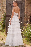 Load image into Gallery viewer, Ivory Tiered Ruffled Floral A Line Long  Beach Wedding Dress with Lace