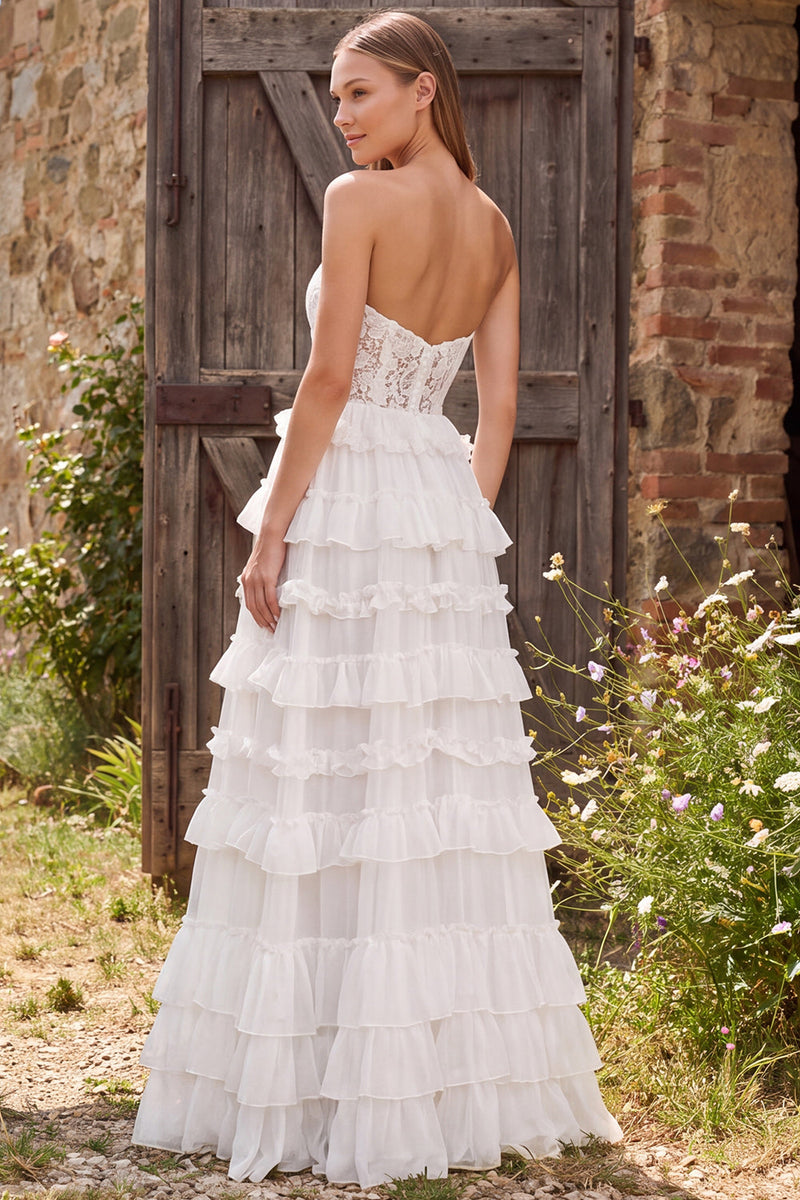 Load image into Gallery viewer, Ivory Tiered Ruffled Floral A Line Long  Beach Wedding Dress with Lace