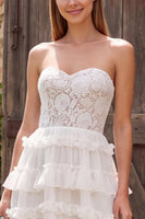 Load image into Gallery viewer, Ivory Tiered Ruffled Floral A Line Long  Beach Wedding Dress with Lace