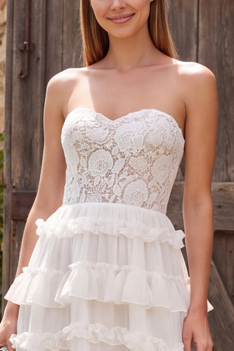 Load image into Gallery viewer, Ivory Tiered Ruffled Floral A Line Long  Beach Wedding Dress with Lace