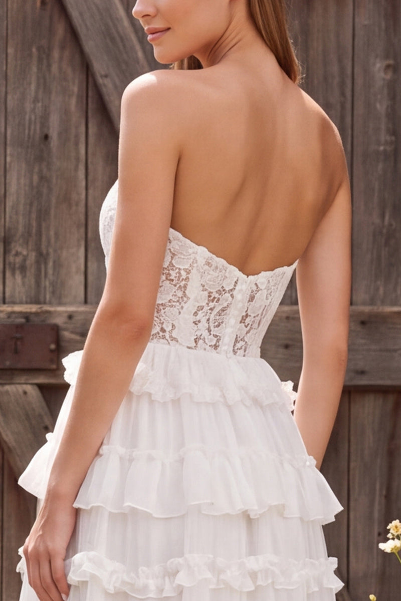 Load image into Gallery viewer, Ivory Tiered Ruffled Floral A Line Long  Beach Wedding Dress with Lace