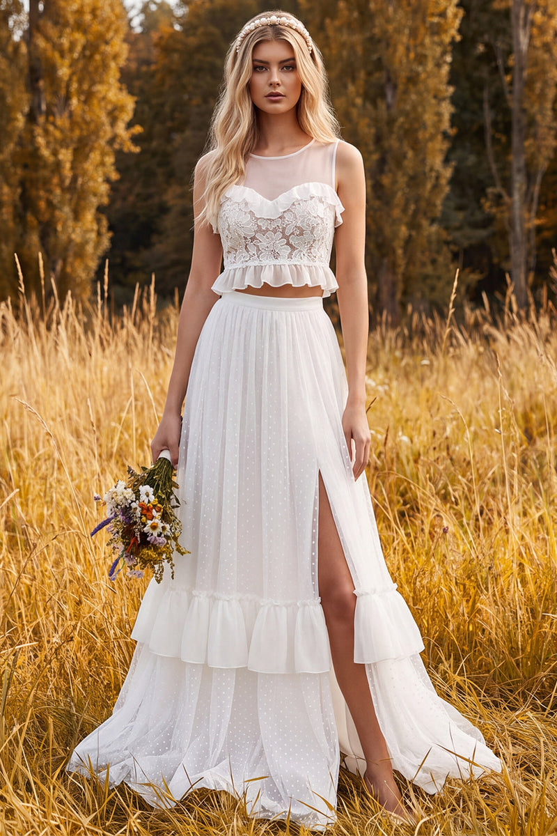 Load image into Gallery viewer, Ruffled Ivory Floral A Line Two Piece Sweep Train Beach Wedding Dress with Slit