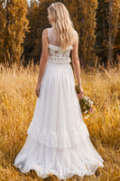 Load image into Gallery viewer, Ruffled Ivory Floral A Line Two Piece Sweep Train Beach Wedding Dress with Slit