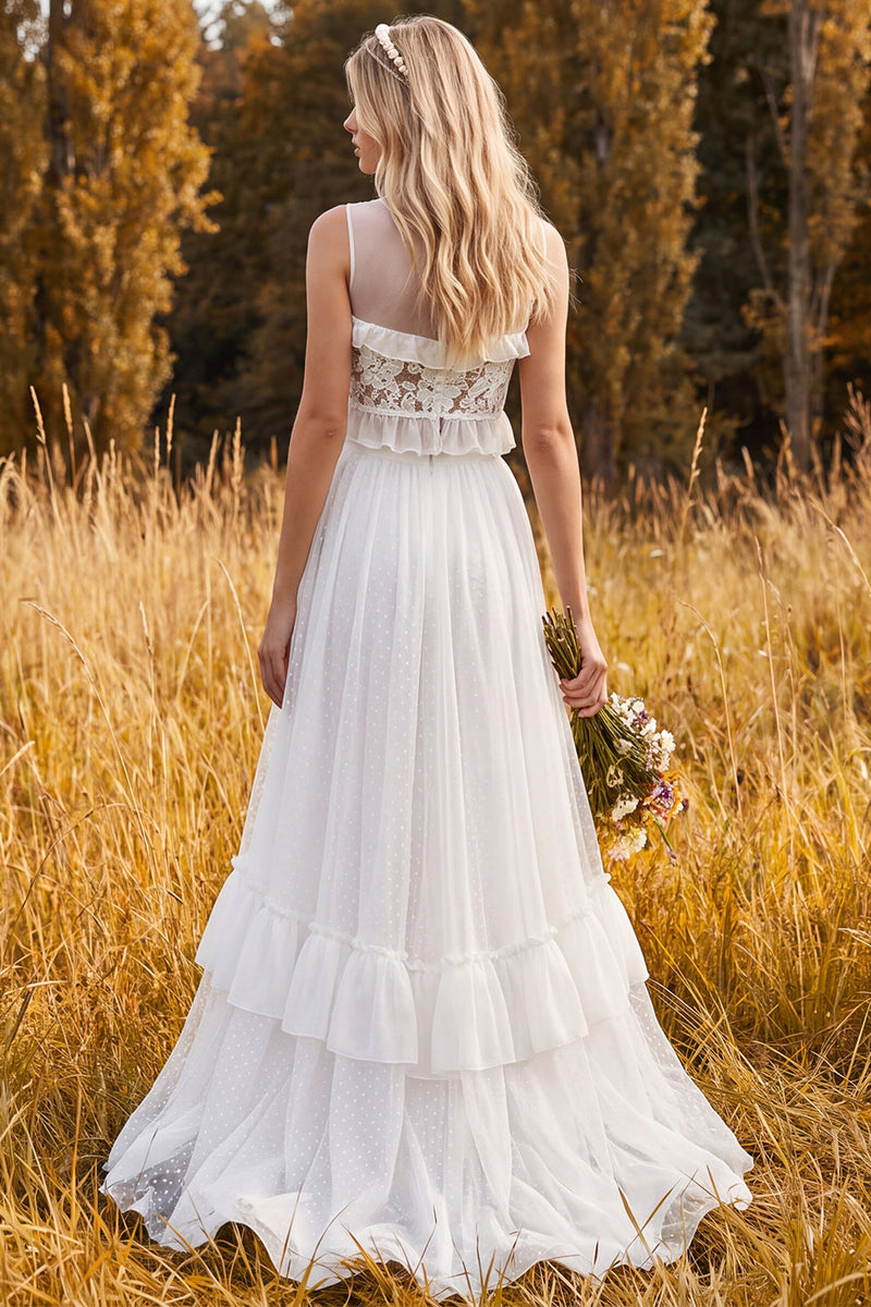 Load image into Gallery viewer, Ruffled Ivory Floral A Line Two Piece Sweep Train Beach Wedding Dress with Slit