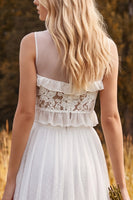 Load image into Gallery viewer, Ruffled Ivory Floral A Line Two Piece Sweep Train Beach Wedding Dress with Slit
