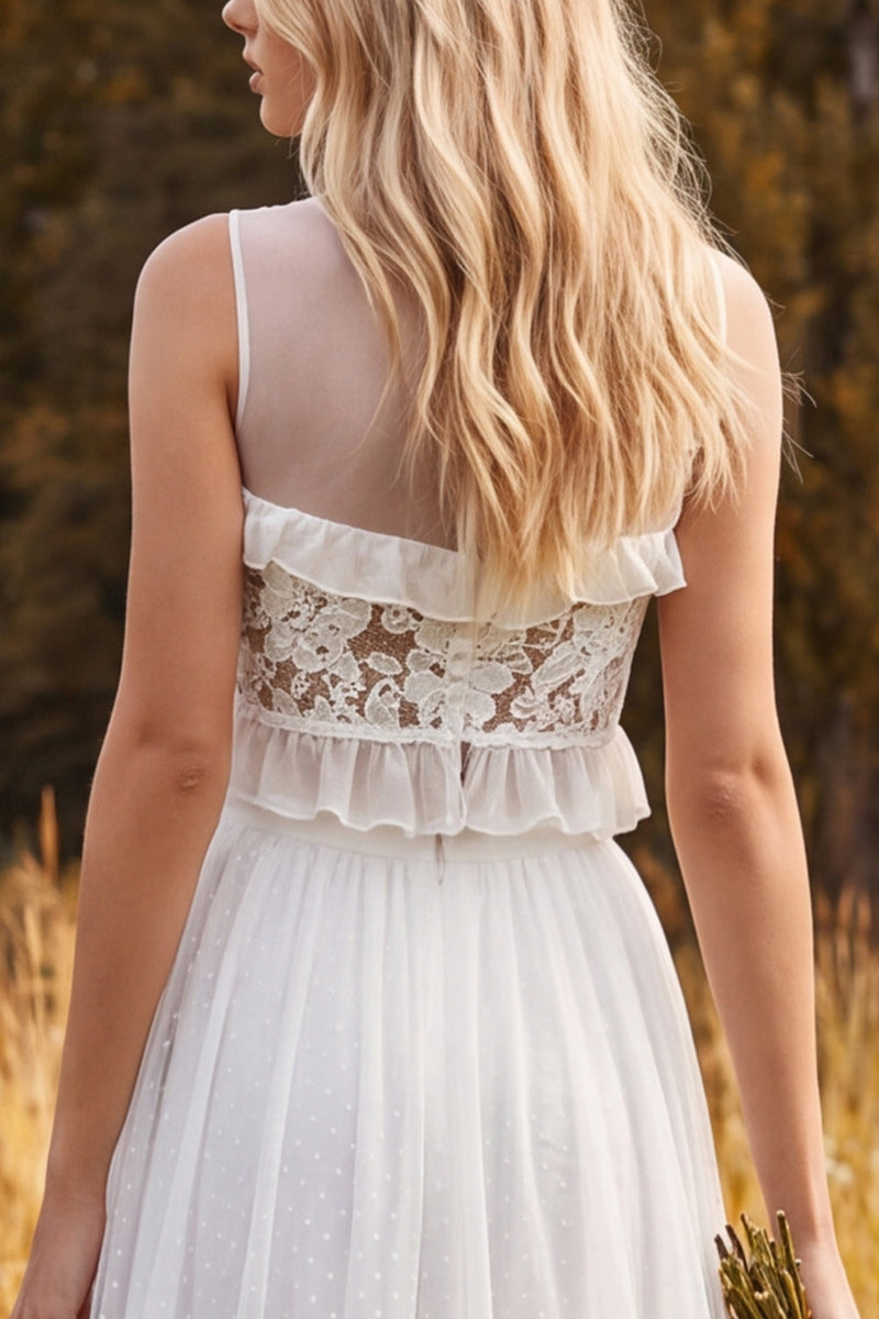 Load image into Gallery viewer, Ruffled Ivory Floral A Line Two Piece Sweep Train Beach Wedding Dress with Slit