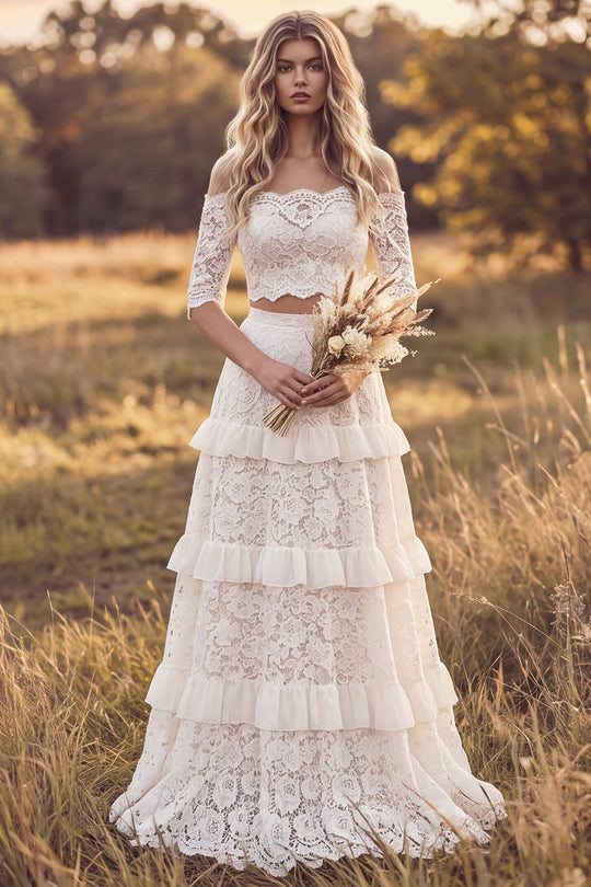 Two Piece Ivory A Line Floral Ruffled Lace Sweep Train Boho Wedding Dress