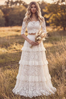 Load image into Gallery viewer, Two Piece Ivory A Line Floral Ruffled Lace Sweep Train Boho Wedding Dress