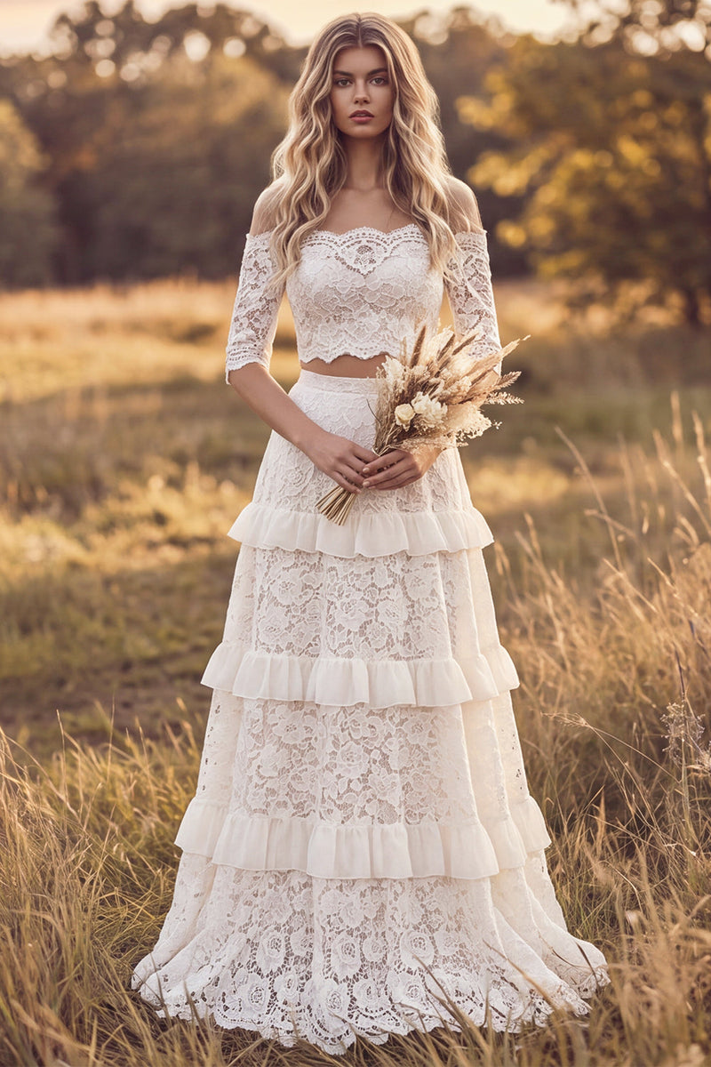 Load image into Gallery viewer, Two Piece Ivory A Line Floral Ruffled Lace Sweep Train Boho Wedding Dress