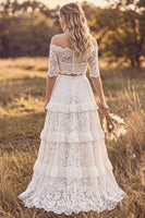 Load image into Gallery viewer, Two Piece Ivory A Line Floral Ruffled Lace Sweep Train Boho Wedding Dress