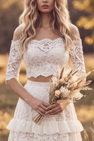 Load image into Gallery viewer, Two Piece Ivory A Line Floral Ruffled Lace Sweep Train Boho Wedding Dress