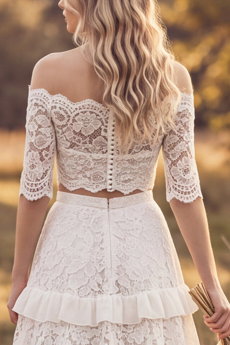 Load image into Gallery viewer, Two Piece Ivory A Line Floral Ruffled Lace Sweep Train Boho Wedding Dress