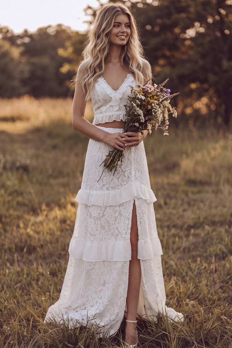 Load image into Gallery viewer, Ivory Ruffled Tiered Lace Two Piece V-Neck Sweep Train Boho Wedding Dress with Slit