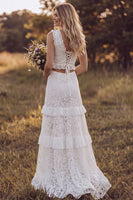 Load image into Gallery viewer, Ivory Ruffled Tiered Lace Two Piece V-Neck Sweep Train Boho Wedding Dress with Slit