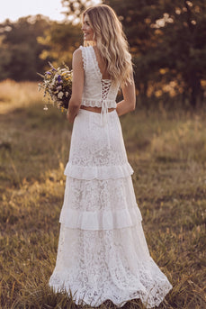 Ivory Ruffled Tiered Lace Two Piece V-Neck Sweep Train Boho Wedding Dress with Slit
