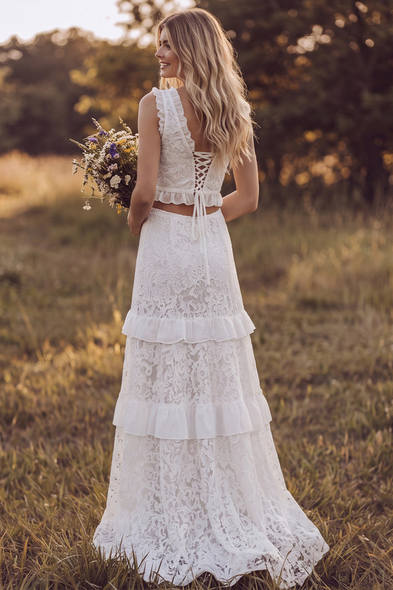 Load image into Gallery viewer, Ivory Ruffled Tiered Lace Two Piece V-Neck Sweep Train Boho Wedding Dress with Slit