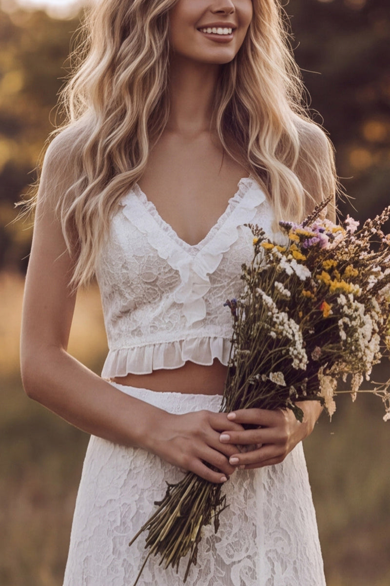 Load image into Gallery viewer, Ivory Ruffled Tiered Lace Two Piece V-Neck Sweep Train Boho Wedding Dress with Slit