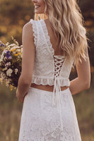 Load image into Gallery viewer, Ivory Ruffled Tiered Lace Two Piece V-Neck Sweep Train Boho Wedding Dress with Slit