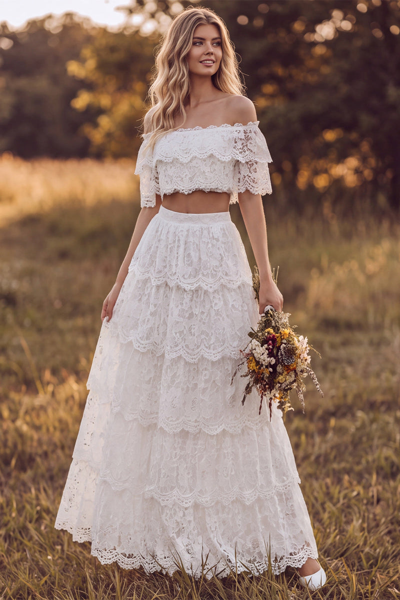 Load image into Gallery viewer, Ivory Floral Lace Tiered Two Piece Off the Shoulder Long Boho Wedding Dress