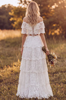 Load image into Gallery viewer, Ivory Floral Lace Tiered Two Piece Off the Shoulder Long Boho Wedding Dress