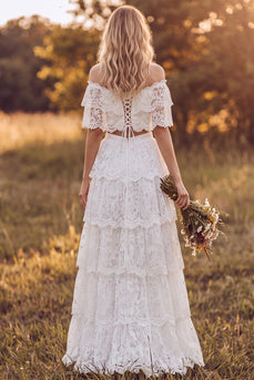 Ivory Floral Lace Tiered Two Piece Off the Shoulder Long Boho Wedding Dress