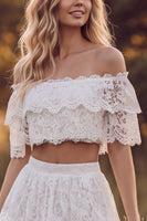 Load image into Gallery viewer, Ivory Floral Lace Tiered Two Piece Off the Shoulder Long Boho Wedding Dress